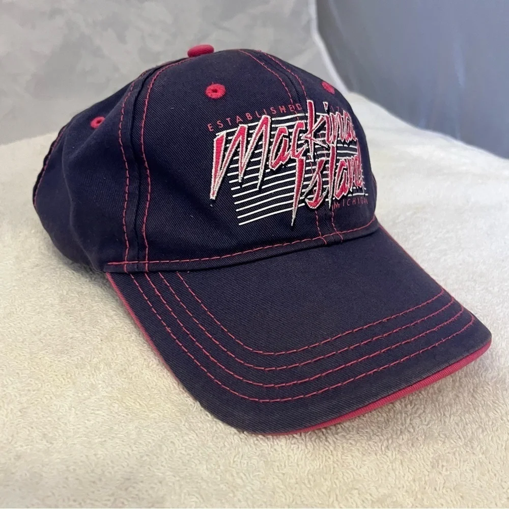 Mackinac Island Navy and Pink Women's Adjustable Cotton Ball Cap